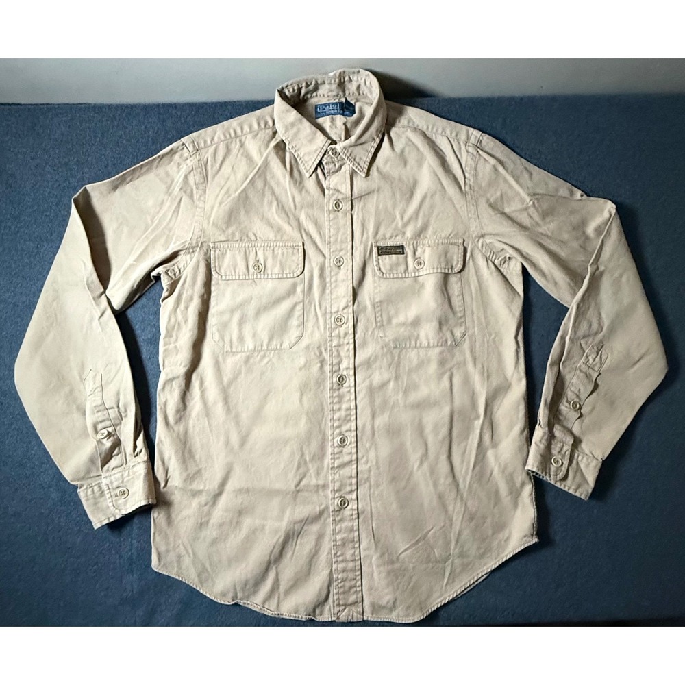 Polo Ralph Lauren Mens Tan Cotton Twill Utility Button Down Shirt Medium